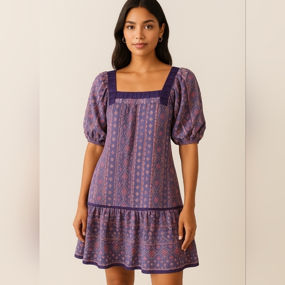 Anna Sui Vintage 90's Silk Mini Printed Boho Hippie Casual Dress Size Medium.